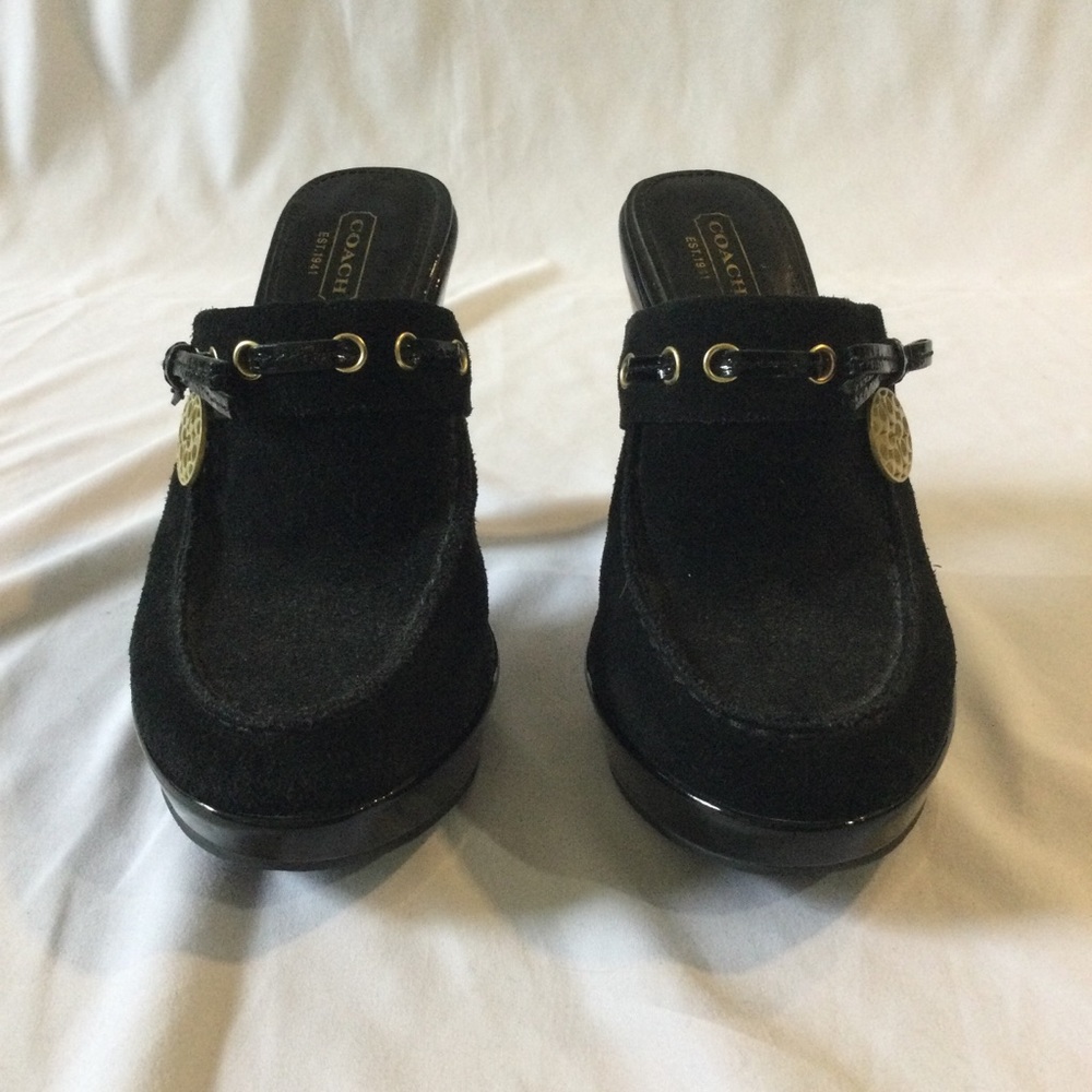 Coach Black Suede Platform Mule Heels with Gold Accent - Picture 3 of 7